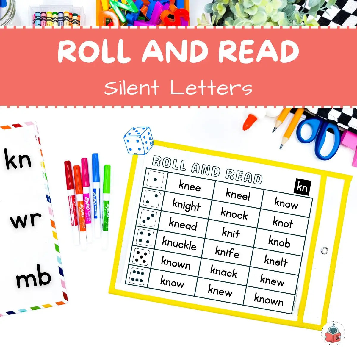 Educational game for learning silent letters with dice and word cards.