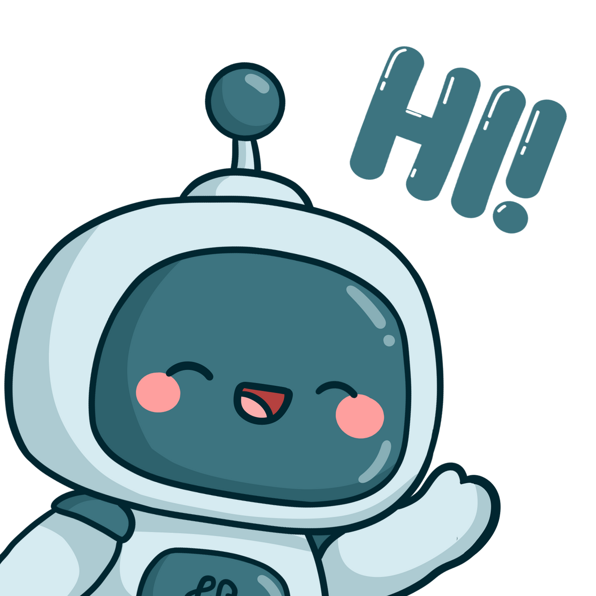 Cartoon robot with a happy expression and 'HI!' text on a white background