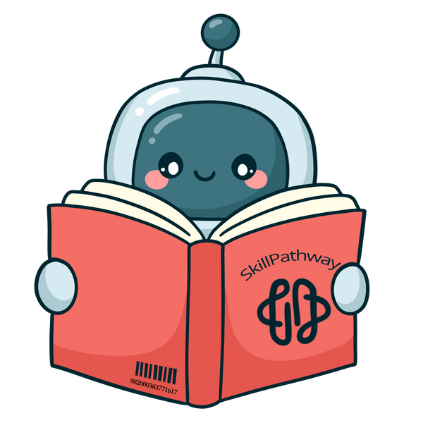 Robbie reading a book with 'SkillPathway' on the cover