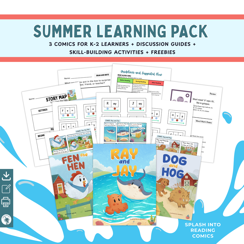 Summer learning pack with comic books and educational materials for K-2 learners.