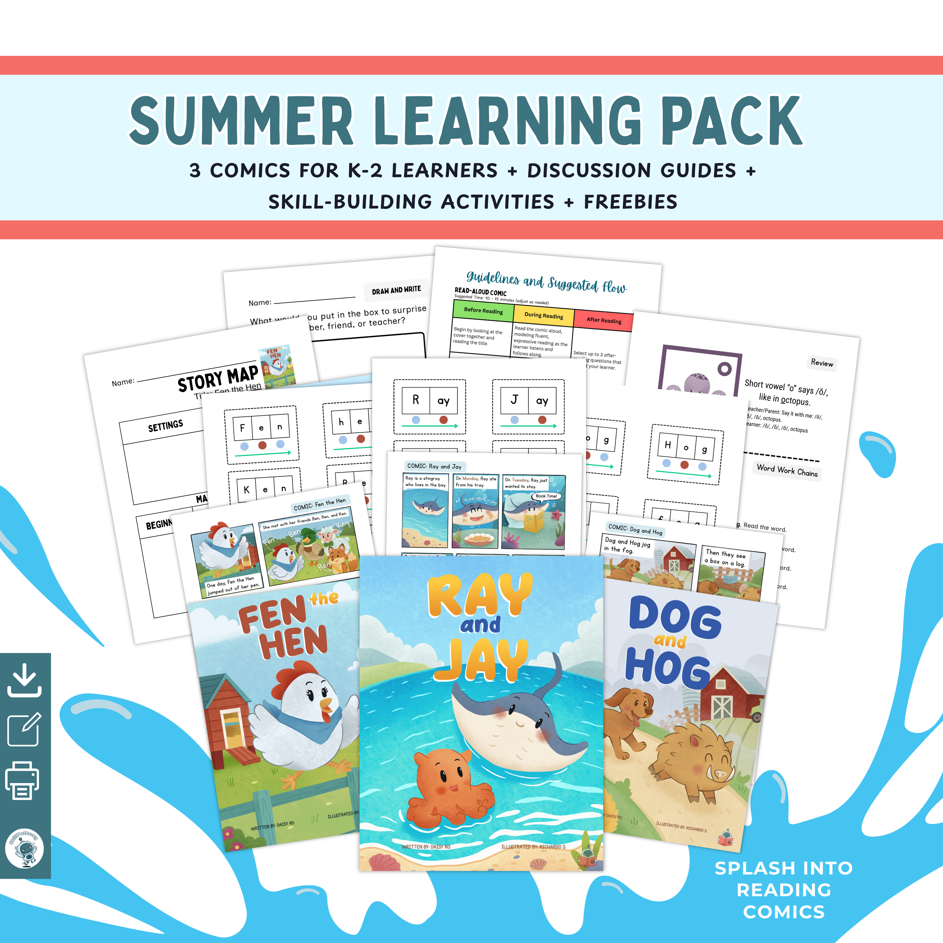 Summer learning pack with comic books and educational materials for K-2 learners.