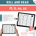 Educational game 'Roll and Read' for practicing reading words with ff, ll, ss, zz sounds.