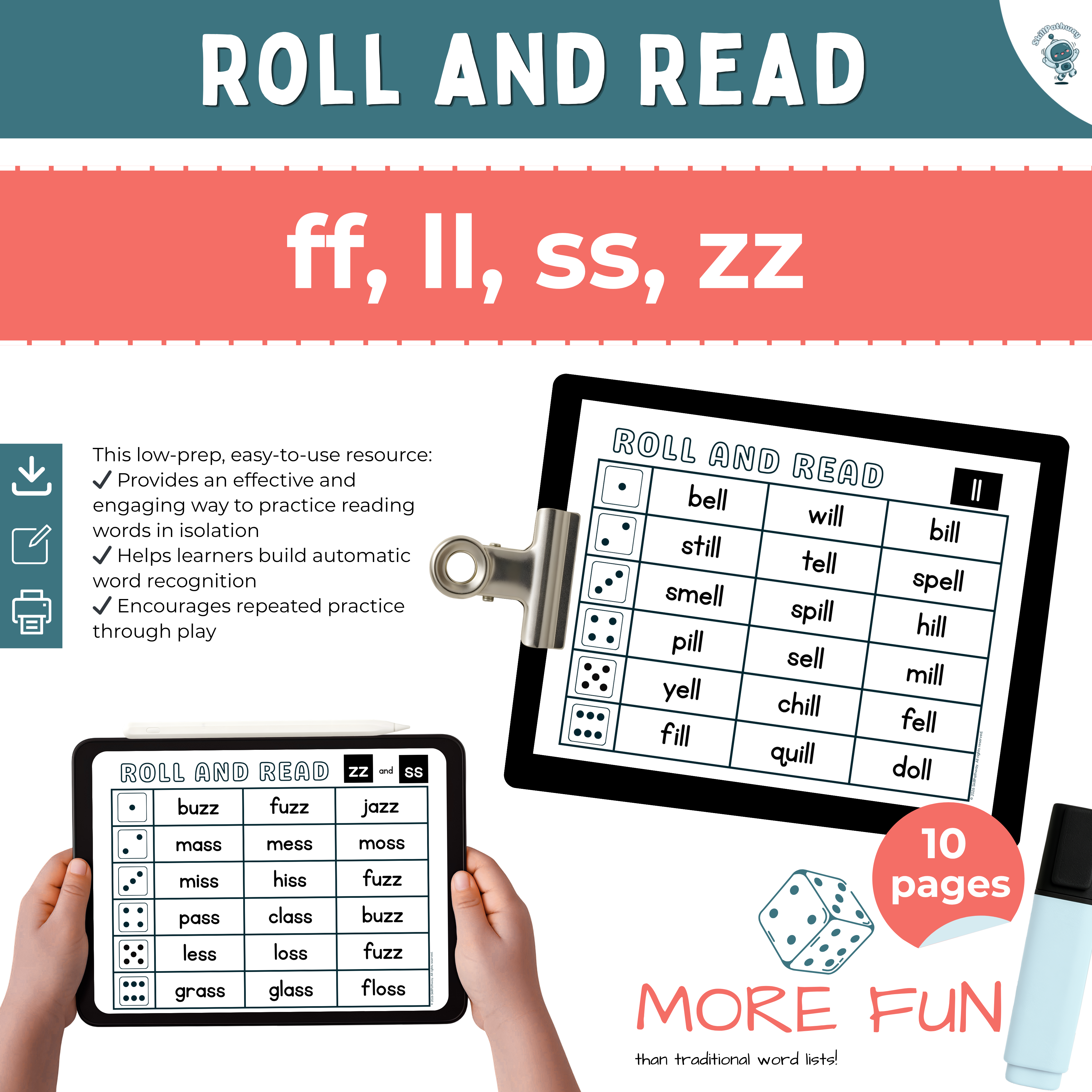Educational game 'Roll and Read' for practicing reading words with ff, ll, ss, zz sounds.