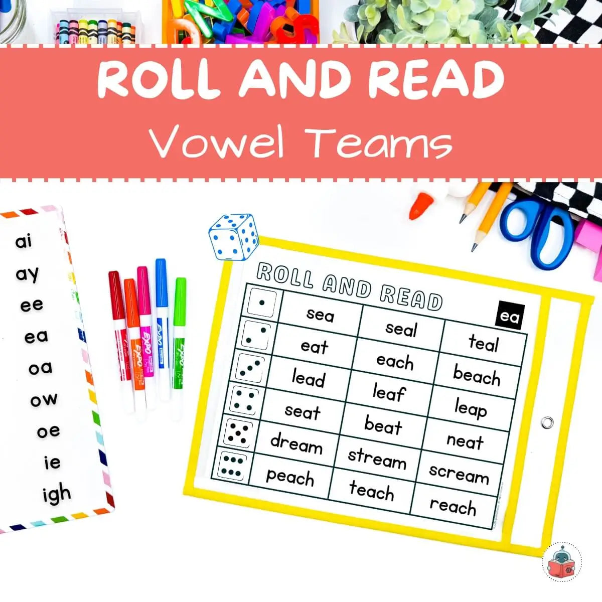 Educational game for learning vowel teams with dice and word cards.