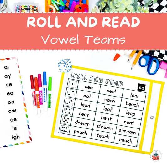 Educational game for learning vowel teams with dice and word cards.