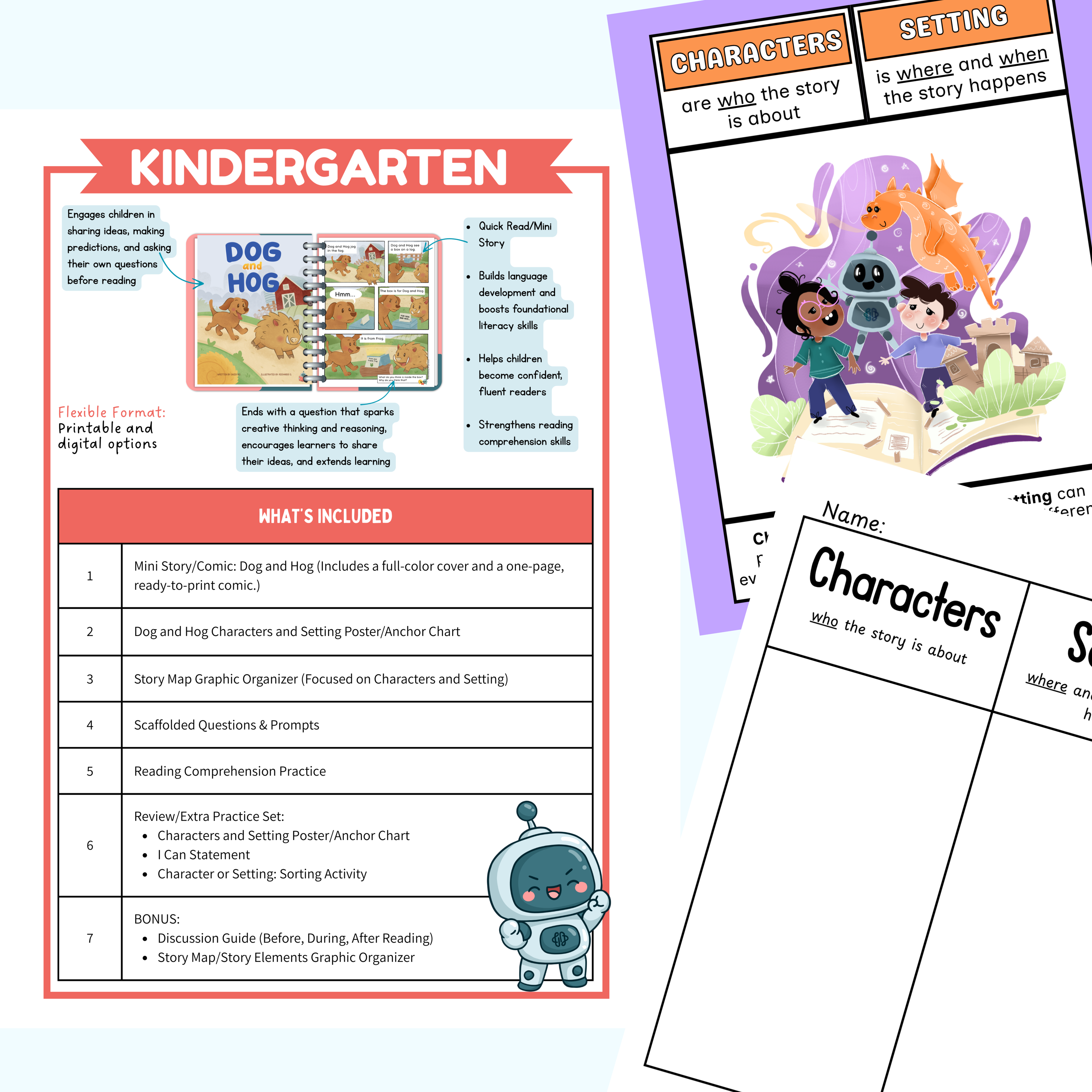 Educational materials for kindergarten with character and setting charts 