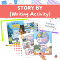 Children's storybooks with comic-style illustrations and a pencil on a colorful background.