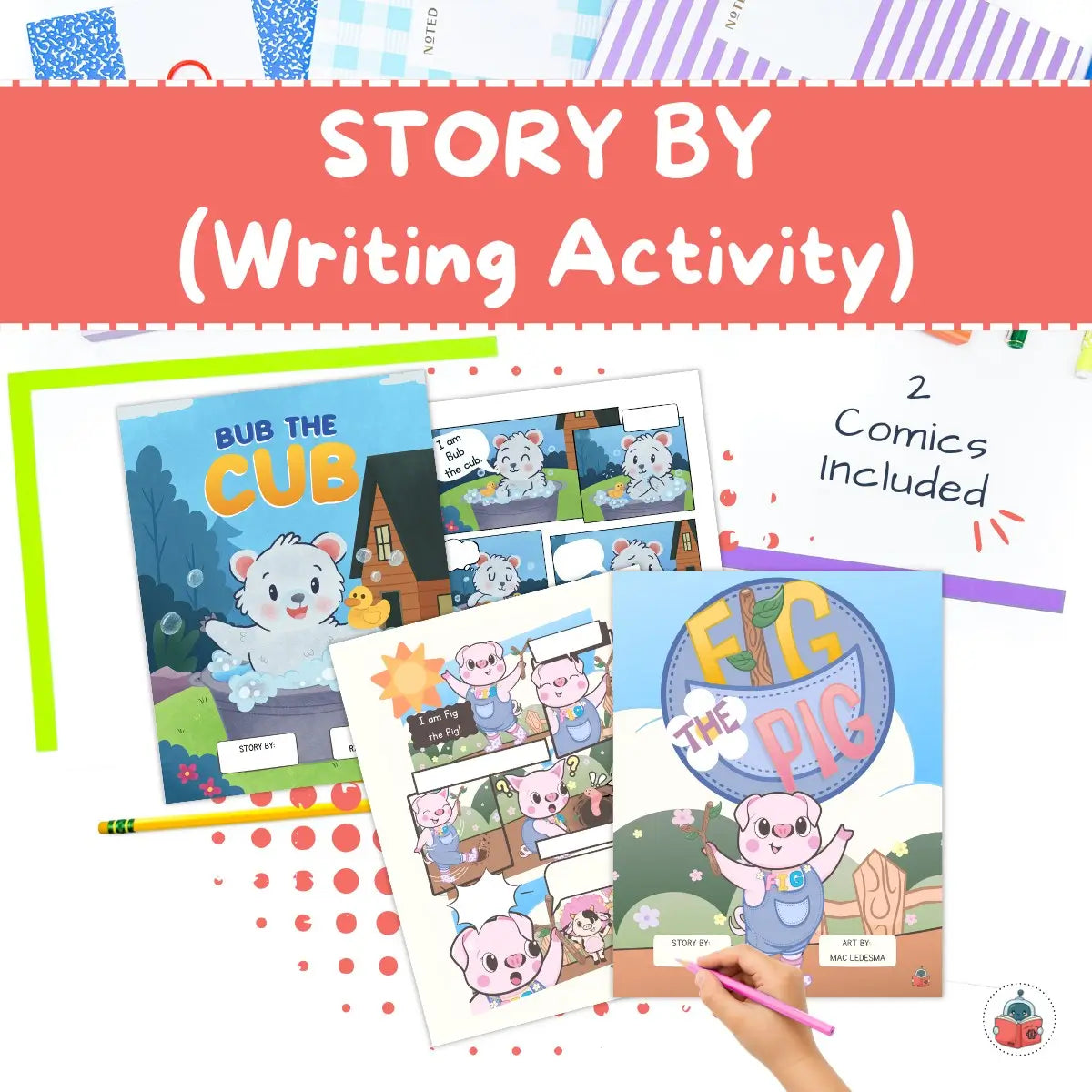 Children's storybooks with comic-style illustrations and a pencil on a colorful background.