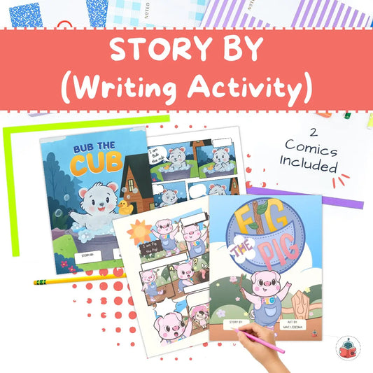 Children's storybooks with comic-style illustrations and a pencil on a colorful background.