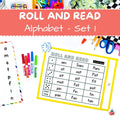 Educational game set for learning the alphabet with dice, markers, and paper.