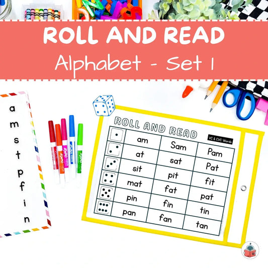 Educational game set for learning the alphabet with dice, markers, and paper.