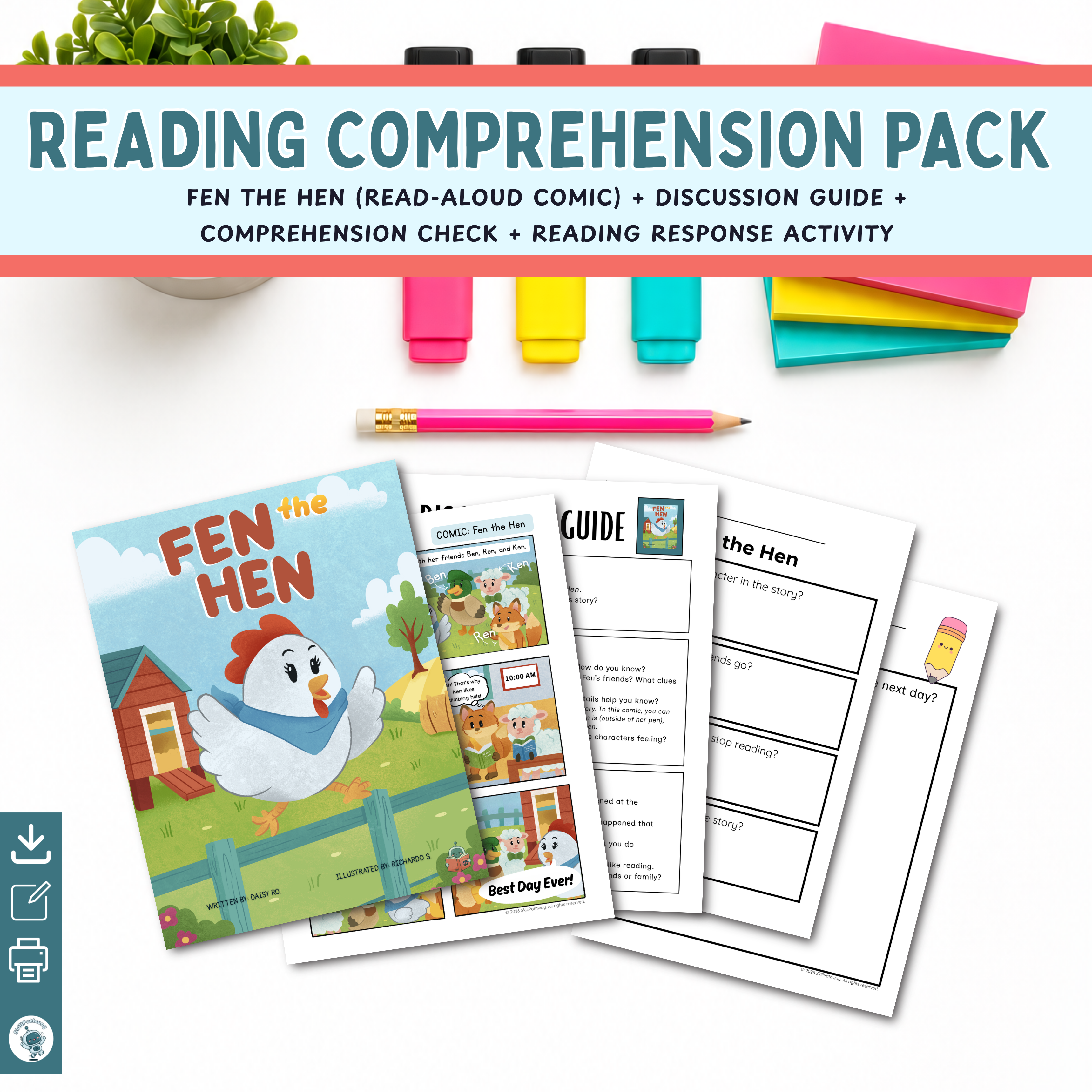 Reading comprehension pack with comic book, discussion guide, and worksheets on a white background.