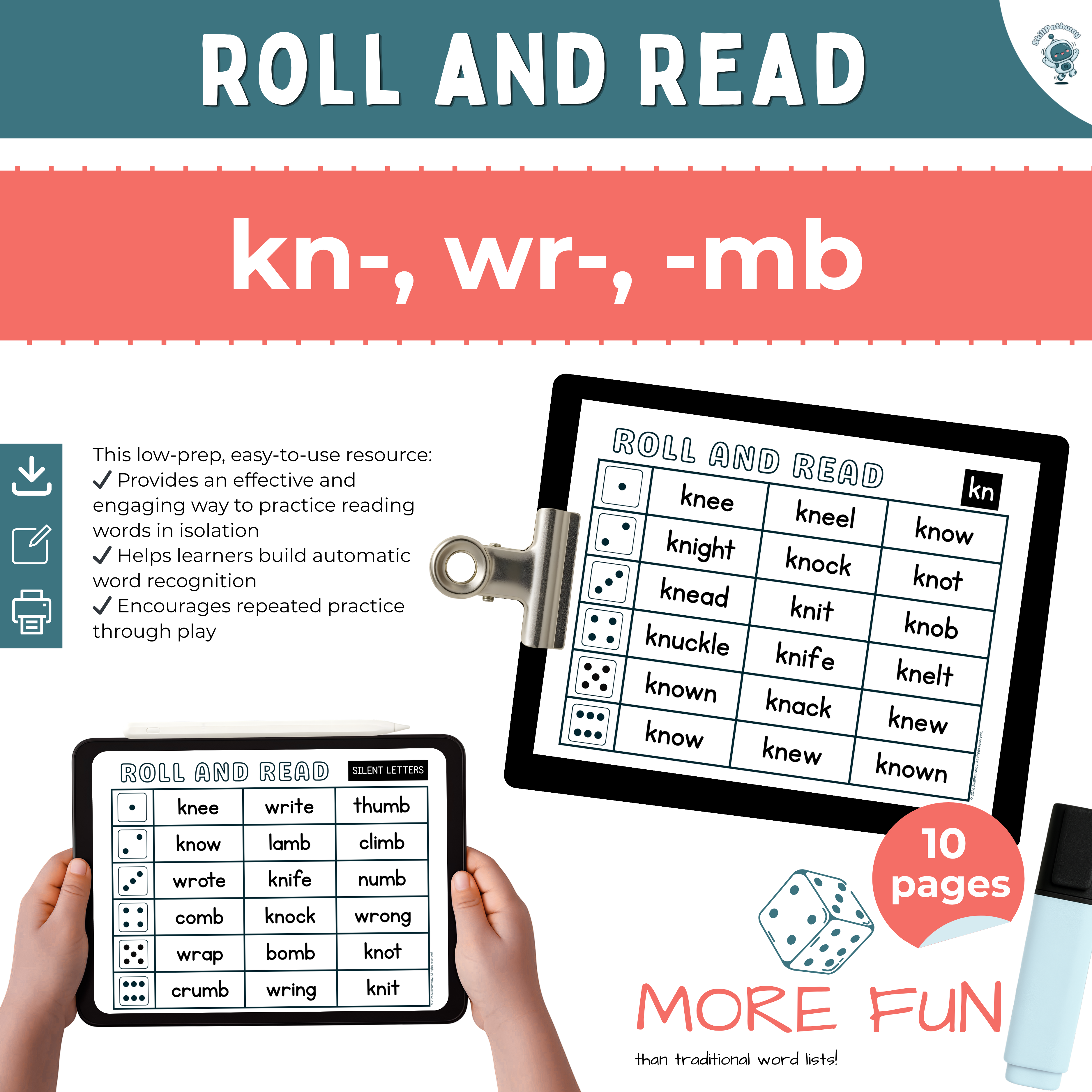 Educational game packaging for 'Roll and Read' with dice and clipboards.