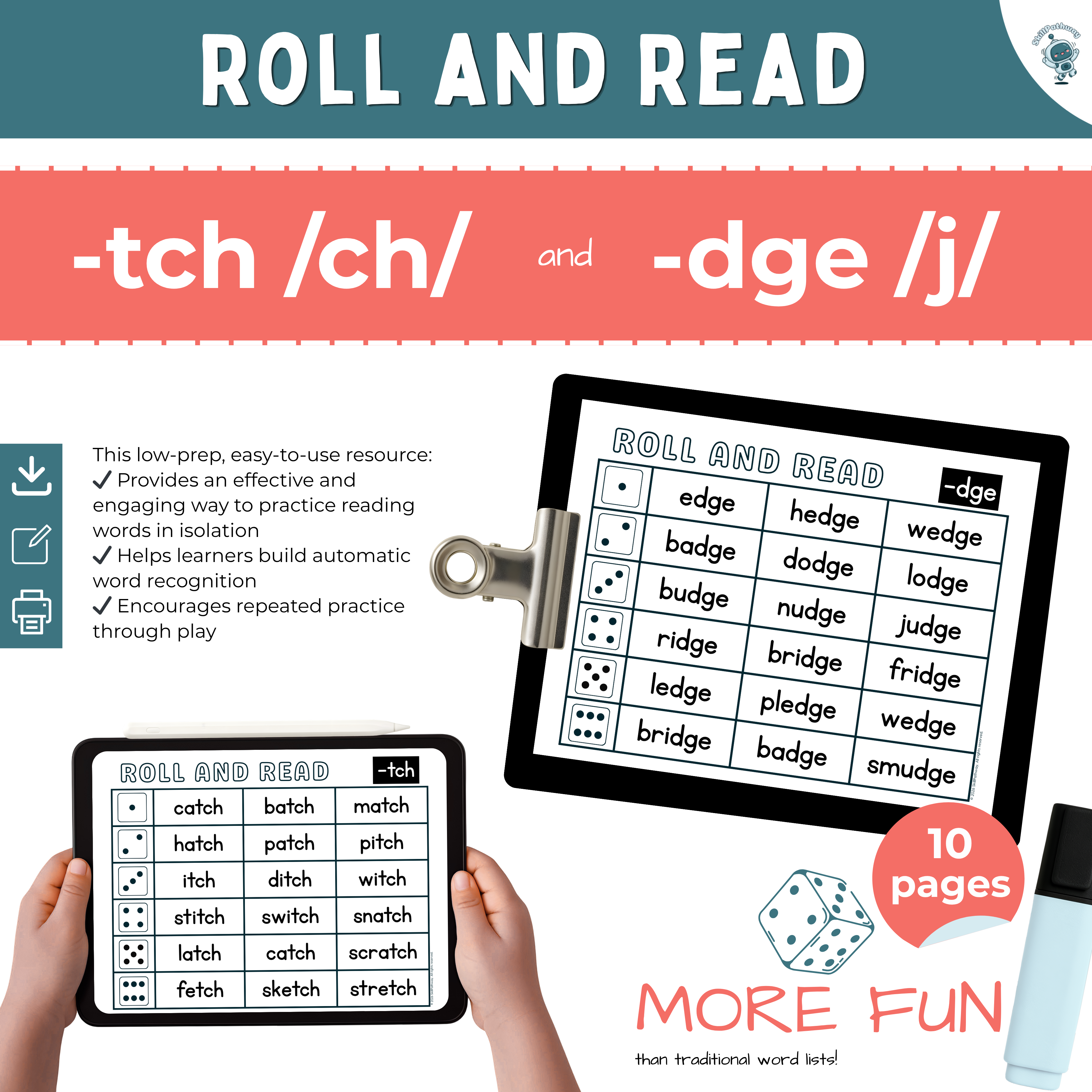 Educational material for trigraph fluency practice with 'tch' and 'dge'