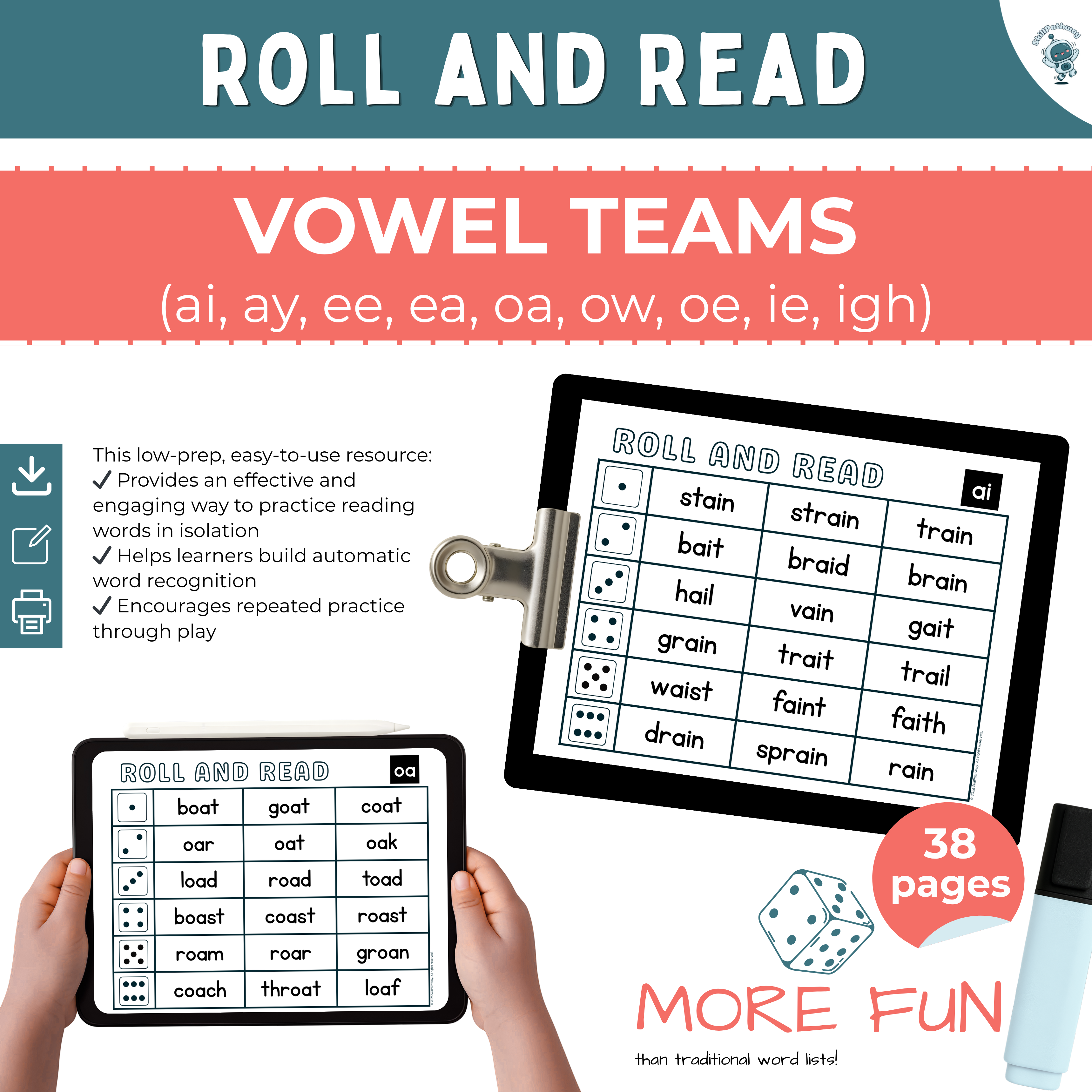 Educational product for practicing vowel teams with dice and clipboards.