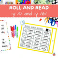 Educational game for learning phonics with dice and word cards on a colorful background.