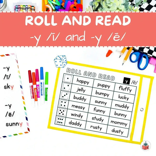 Educational game for learning phonics with dice and word cards on a colorful background.