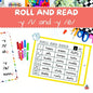 Educational game for learning phonics with dice and word cards on a colorful background.