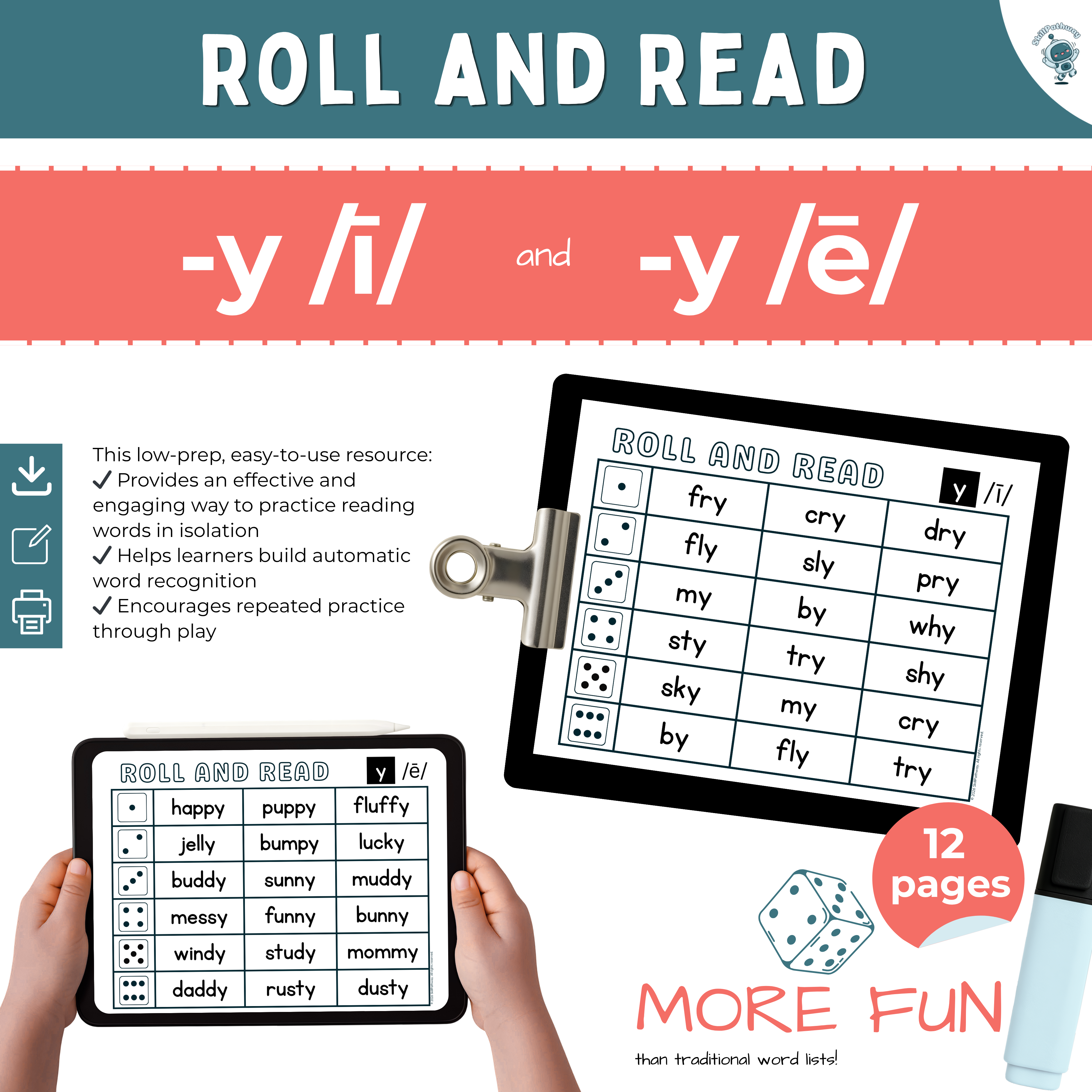 Educational product for practicing reading words with 'y' sound